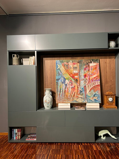 Parete attrezzata "Living system 2024" By Novamobili laccata verde prezzo Scontata Outlet